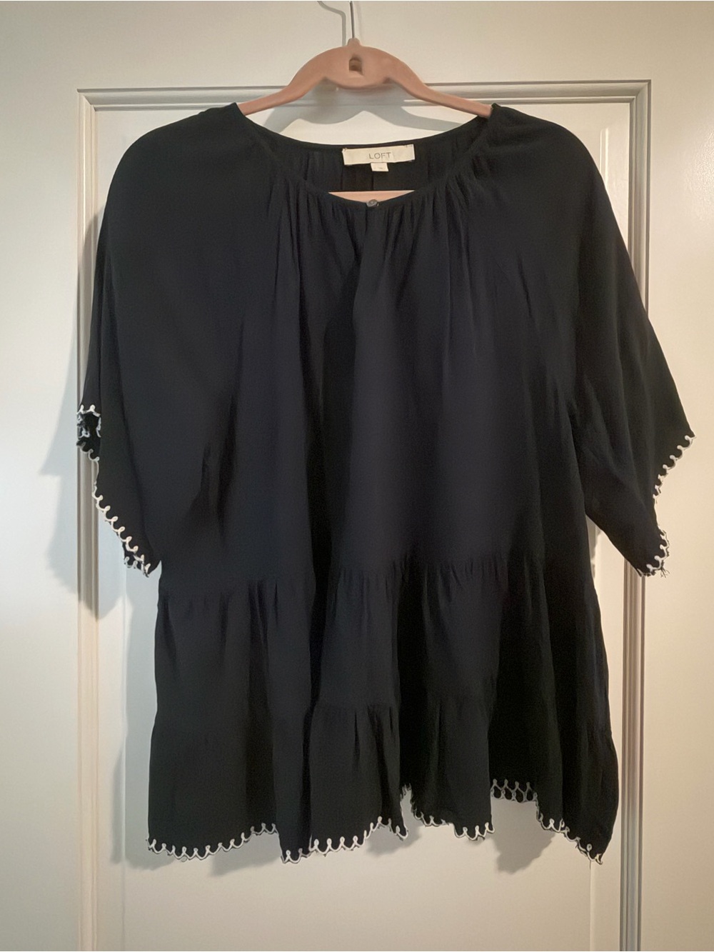 LOFT Navy Embroidered Tiered Peasant Top
